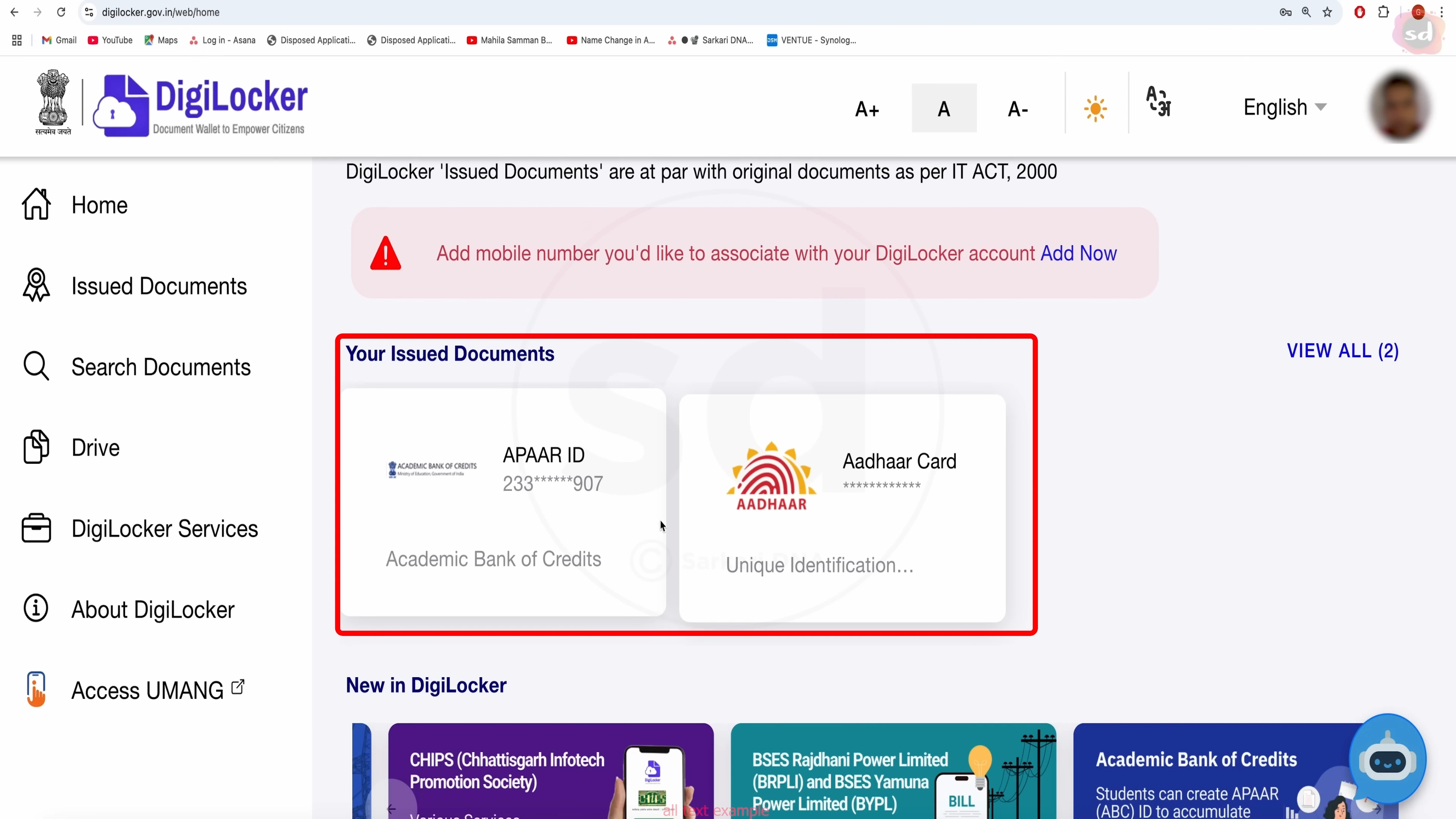 DigiLocker Issued Documents showing APAAR ID